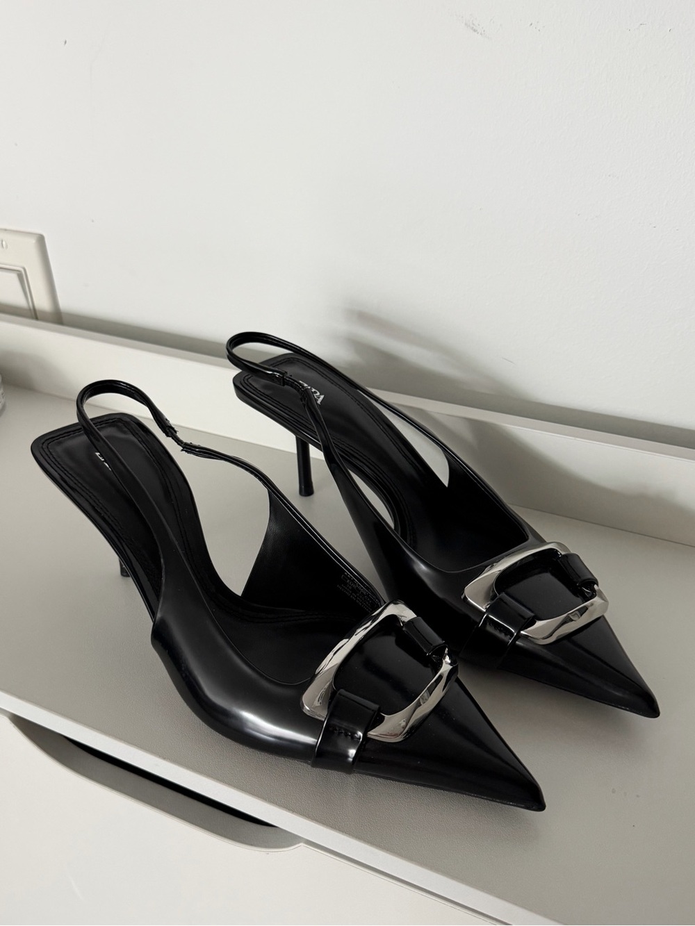 Zara Black Pointed Slingback Heels with Silver Buckle Accent